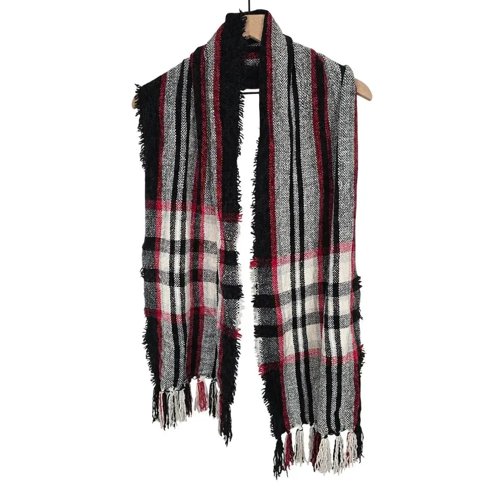 Style & Co Plaid Fringe Scarf Red Black Cozy Knit Winter OS